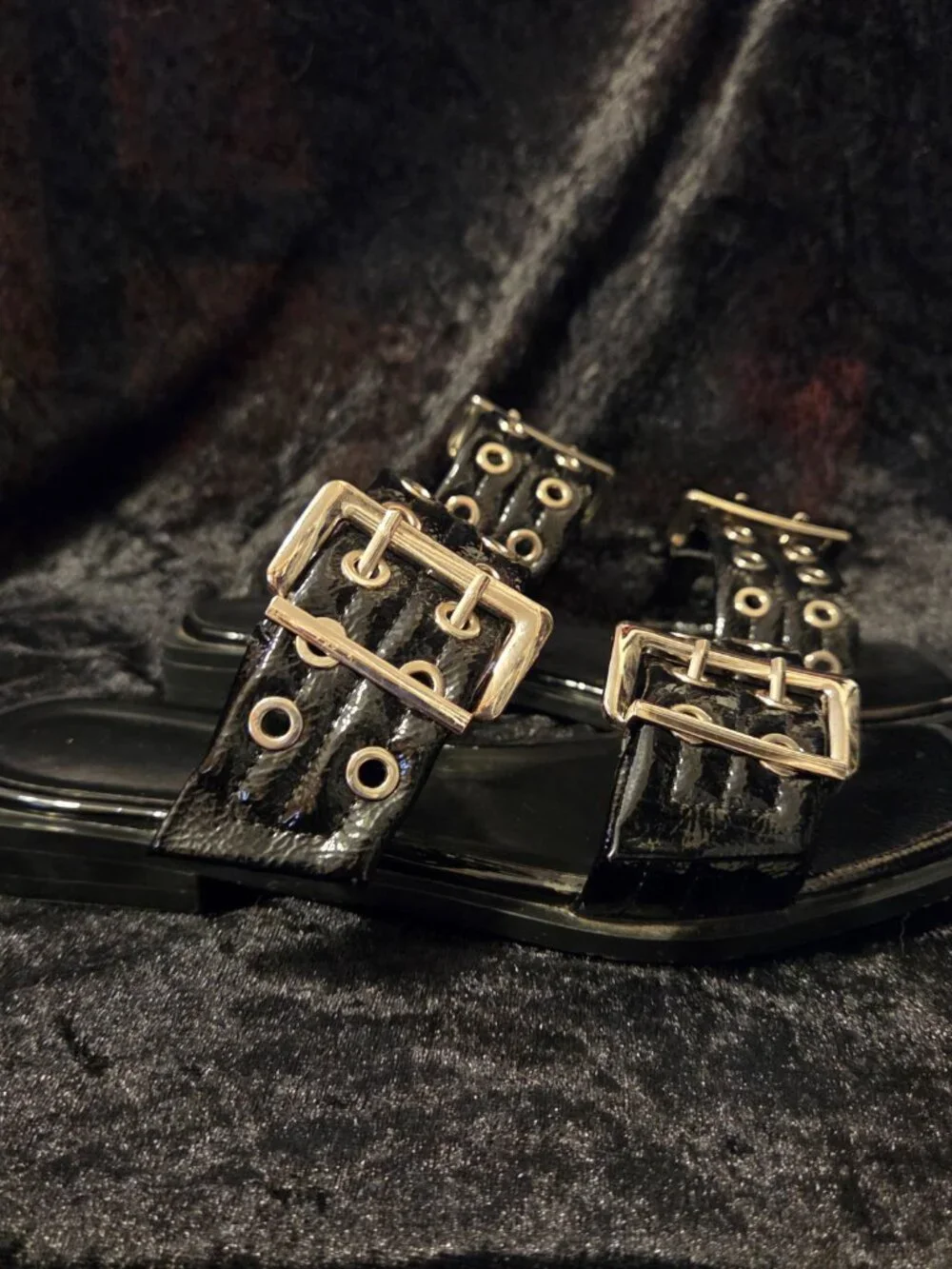 Black Patent Double Buckle Grommet Platform Sandals Y2K Punk